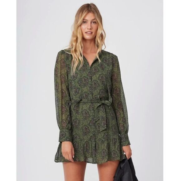 Paige Vittoria Mini Multi Green Dress Long Sleeve Army Size XL - Picture 3 of 17